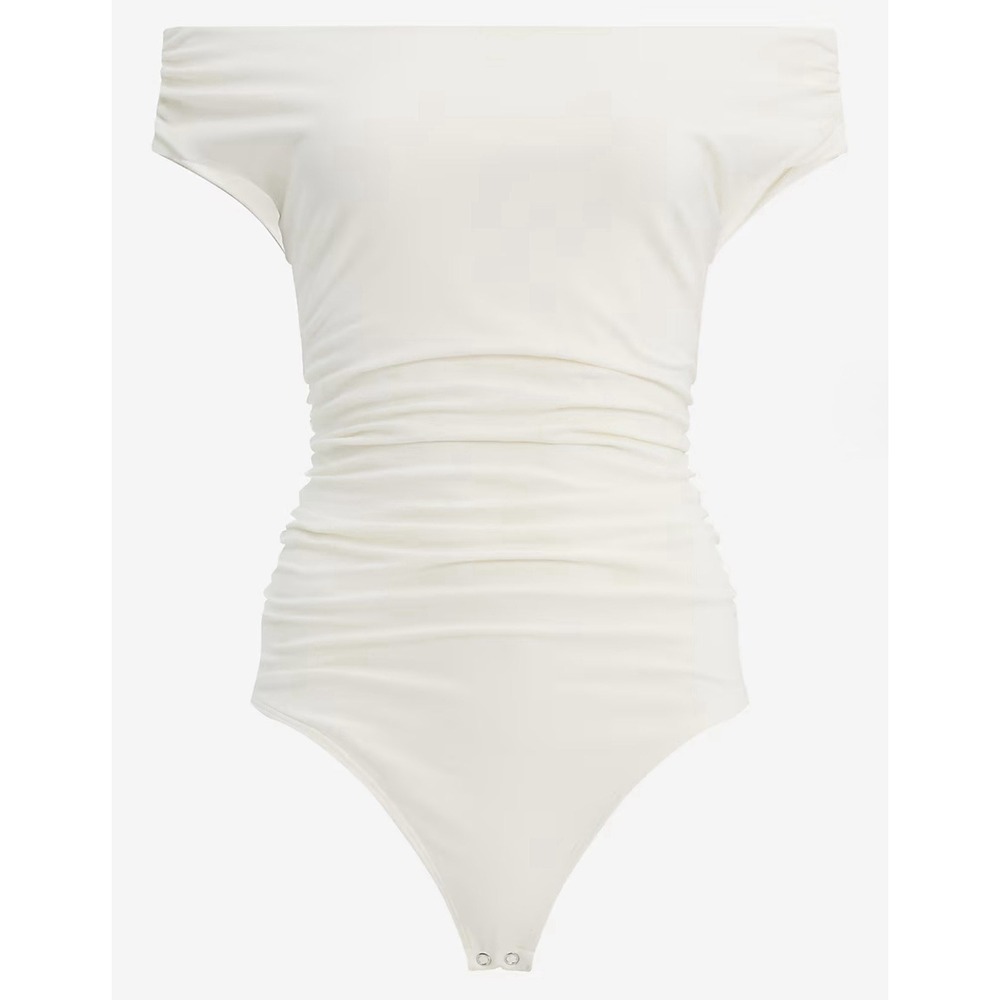 Active USA White Off The Shoulder Ruched Bodysuit Compression Top NWT Sz Large